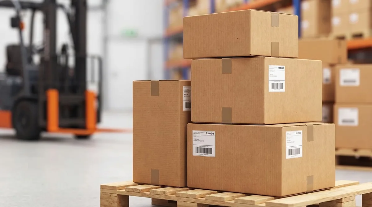 Các thùng hàng carton xếp chồng trong kho chuyển phát